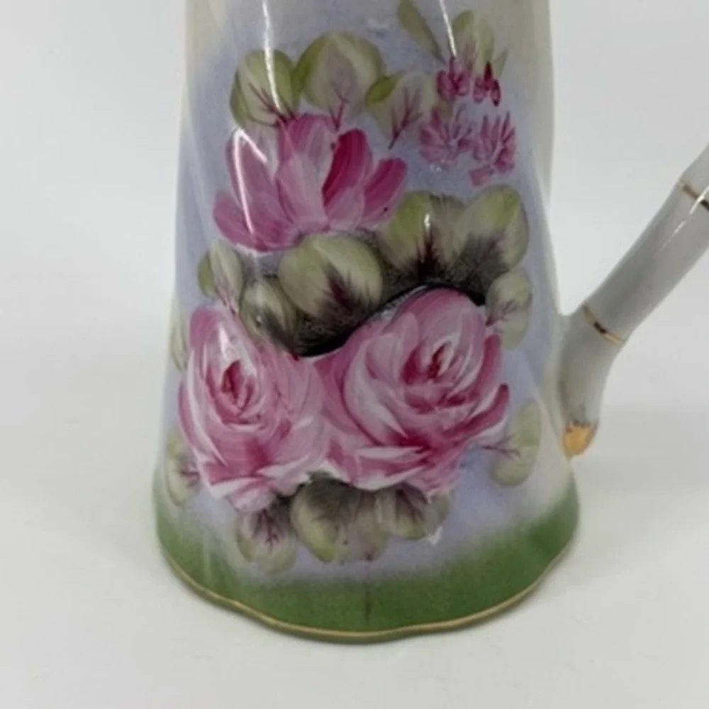 Vintage Hand Painted Floral Porcelain Pitcher Pink Roses Gold Trim Green 7in